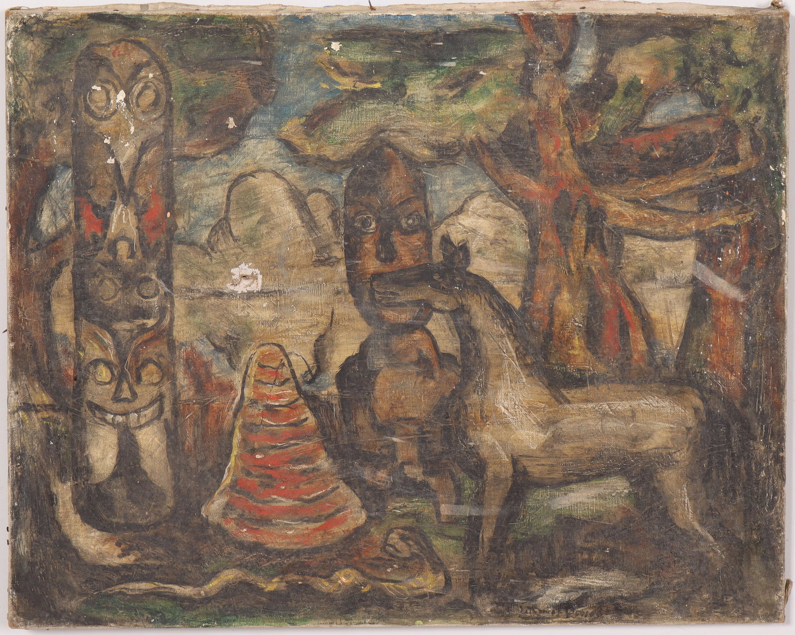 Signed Vintage American Modernist Surreal Totem Pole Native American Surreal Rare Oil Painting (1 of 6)