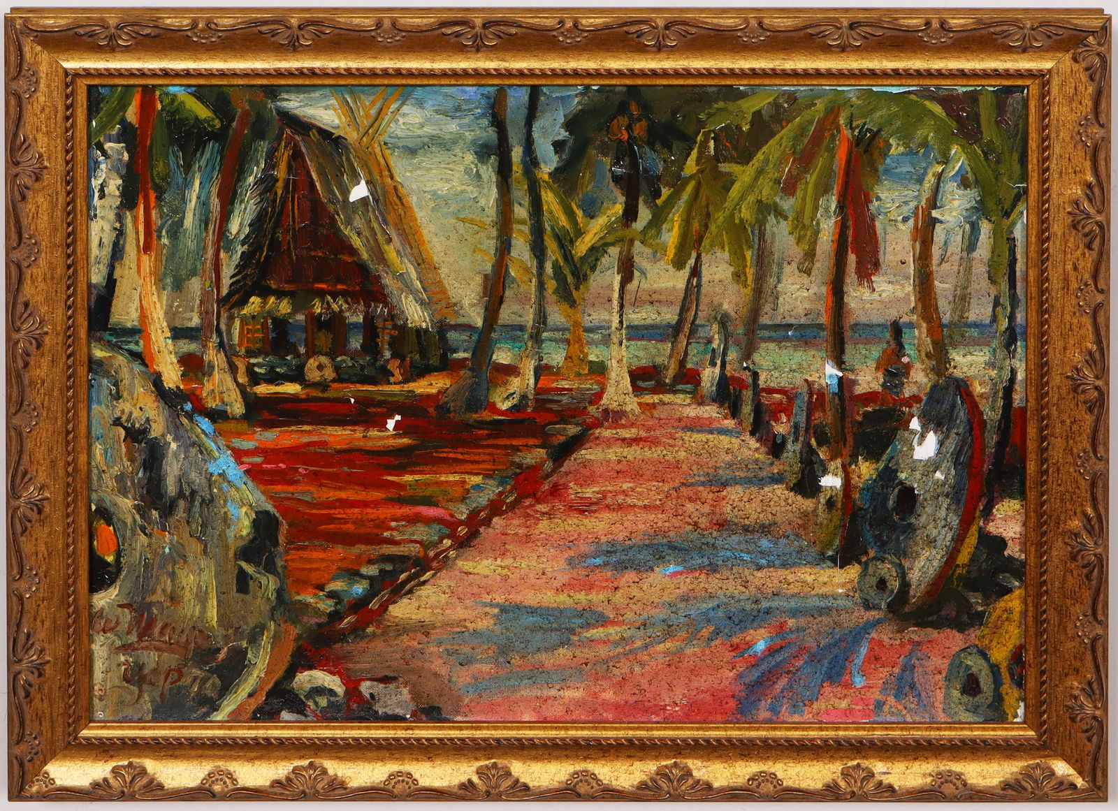 Vintage American Post Impressionist Signed Tropical Beach Scene Palm Tree Seascape Oil Painting: Vintage American oil painting. Measuring: 14 by 18 inches overall, and 12 by 16 painting alone. Please see all images for condition. Size is measured and written on the back of the painting or next to