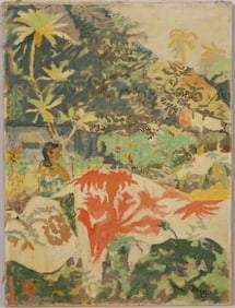 Vintage Post Impressionist Hawaiian Beach Scene Tropical  American Portrait Signed Oil Painting