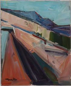 Vintage American Modernist Abstract Landscape Signed Original Western Desert Mountain Oil Painting