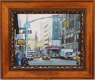 Vintage New York City Street Scene Framed American Modernist Oil Painting