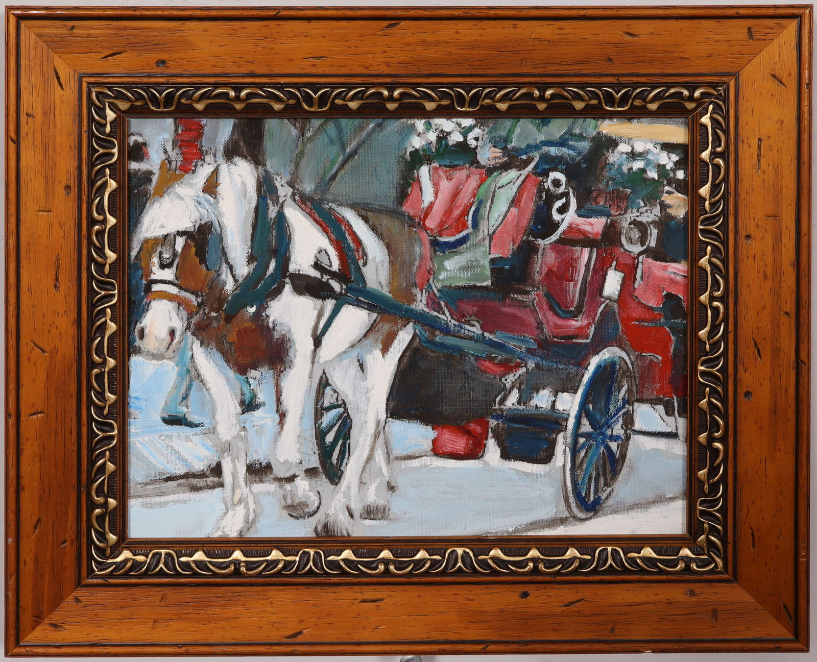 Vintage American Impressionist Central Park Horse Carriage Framed Oil Painting: Vintage American impressionist horse portrait oil painting. Measuring: 12 by 14 inches overall, and 8 by 10 painting alone. Please see all images for condition. Size is measured and written on the
