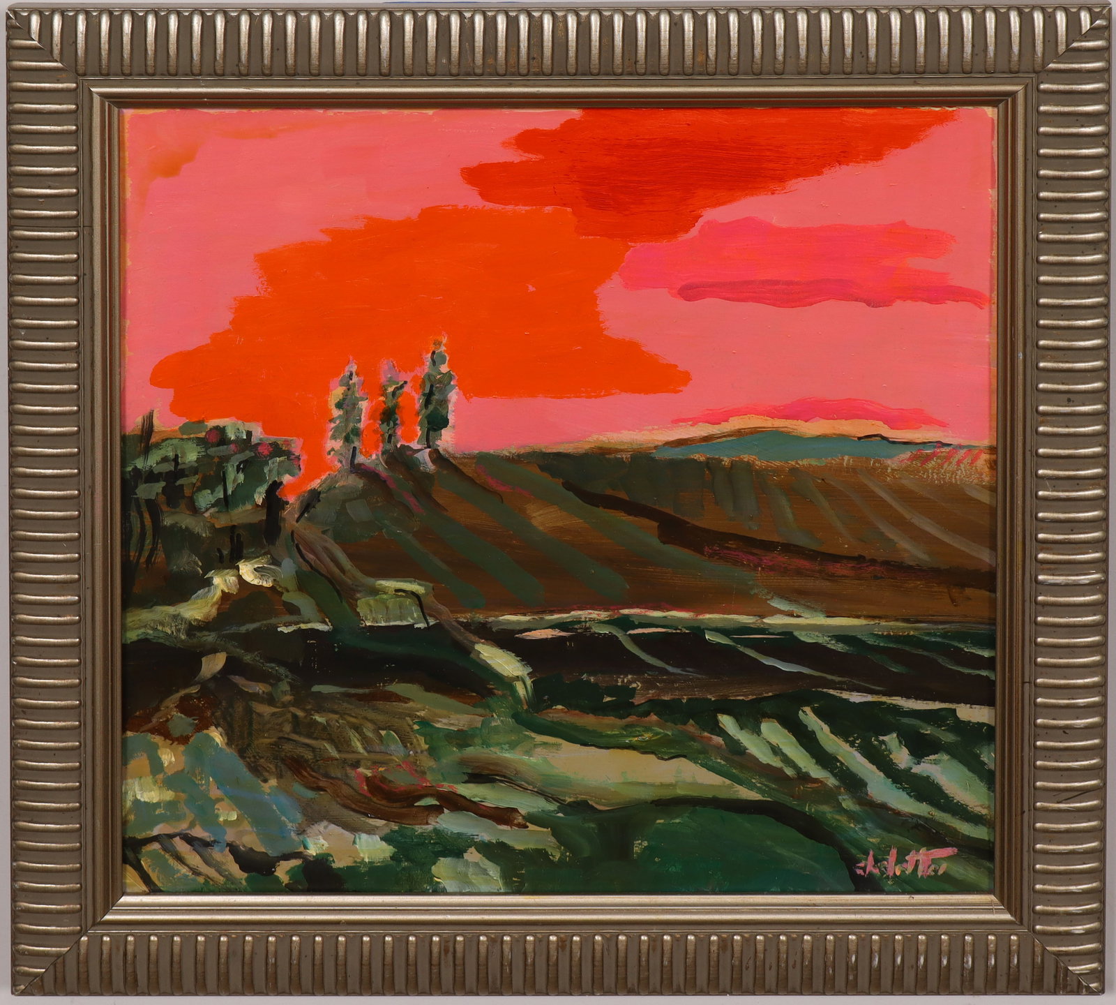 Vintage American Modernist Blazing Sunset Abstract Landscape Framed Signed Oil Painting: Vintage American oil painting. Measuring: 20 by 20 inches overall, and 16 by 16 painting alone. Please see all images for condition. Size is measured and written on the back of the painting or next
