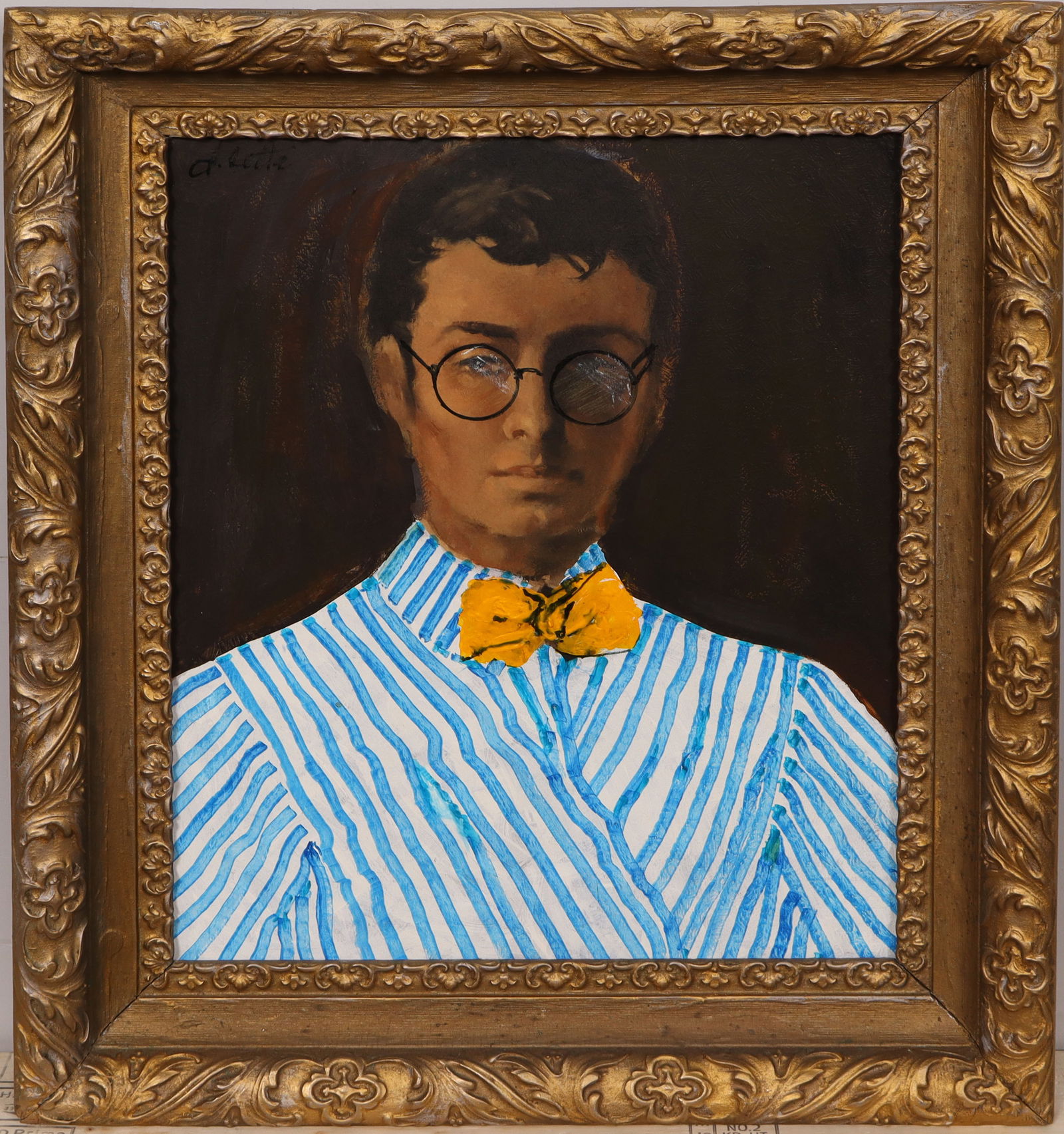 Vintage American Modernist Pop Art Young Handsome Man Portrait In Bow Tie Framed Oil Painting (1 of 6)