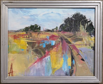 Vintage American Modernist Abstract Cubist Framed Signed Landscape Oil Painting