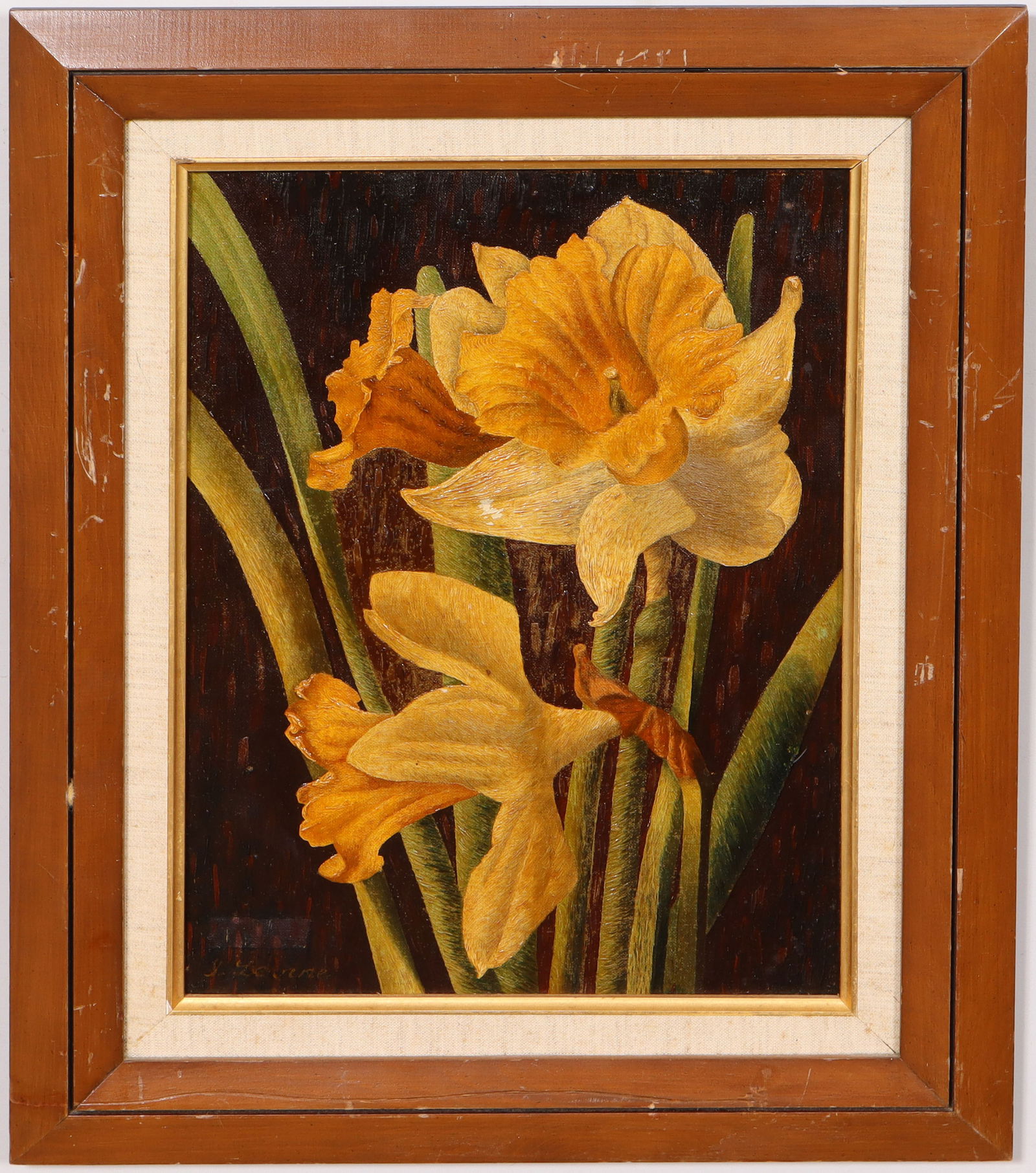 Vintage American Impressionist Signed Flower Still Life Framed Oil Painting: Vintage American still life oil painting. Oil on board. Signed. Measuring: 18 by 22 inches overall, and 12 by 16 painting alone. Please see all images for condition. Size is measured and written