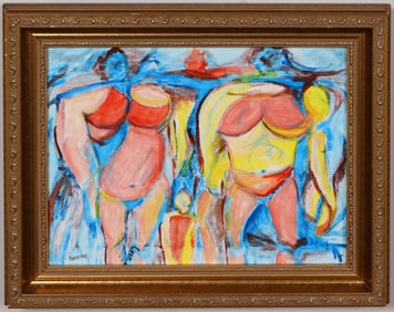 Vintage American Modernist Signed and Framed Abstract Cubist Beach Scene Oil Painting