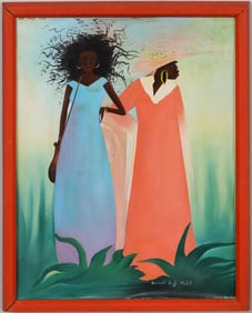 Vintage American Signed Modernist Florida Landscape Black Woman Portrait Framed Oil Painting