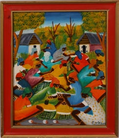 Vintage Haitian Modernist Farm Scene Signed Framed Landscape Oil Painting