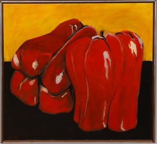 Large Vintage American Modernist Bell Pepper Still Life Framed Original Oil Painting