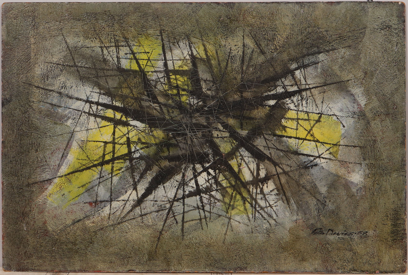 Vintage American Modernist Signed 1958 American Mid Century Abstract Expressionist Oil Painting: Vintage American abstract expressionist oil painting. Oil on board. Measuring: 24 by 36 inches overall. Please see all images for condition. Size is measured and written on the back of the painting or