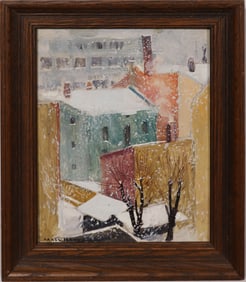 Vintage American Modernist Signed Winter Snowy Cityscape Framed Oil Painting