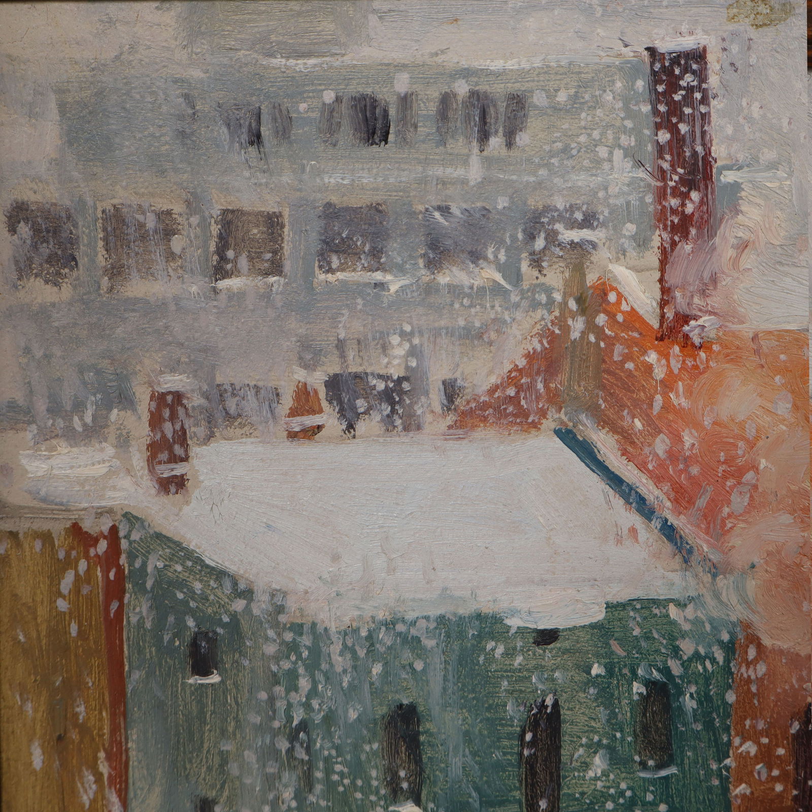 Vintage American Modernist Signed Winter Snowy Cityscape Framed Oil Painting - 2