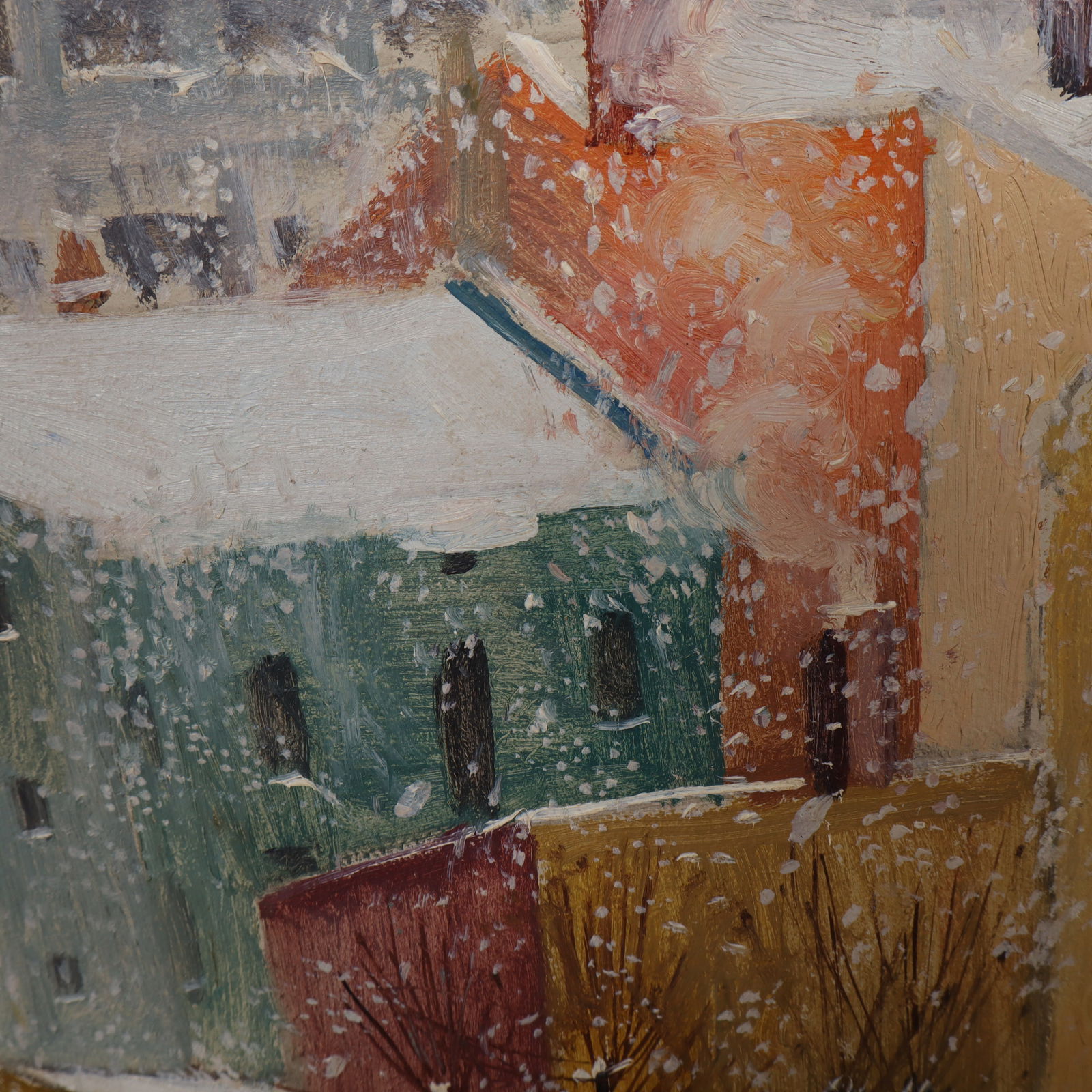 Vintage American Modernist Signed Winter Snowy Cityscape Framed Oil Painting - 3