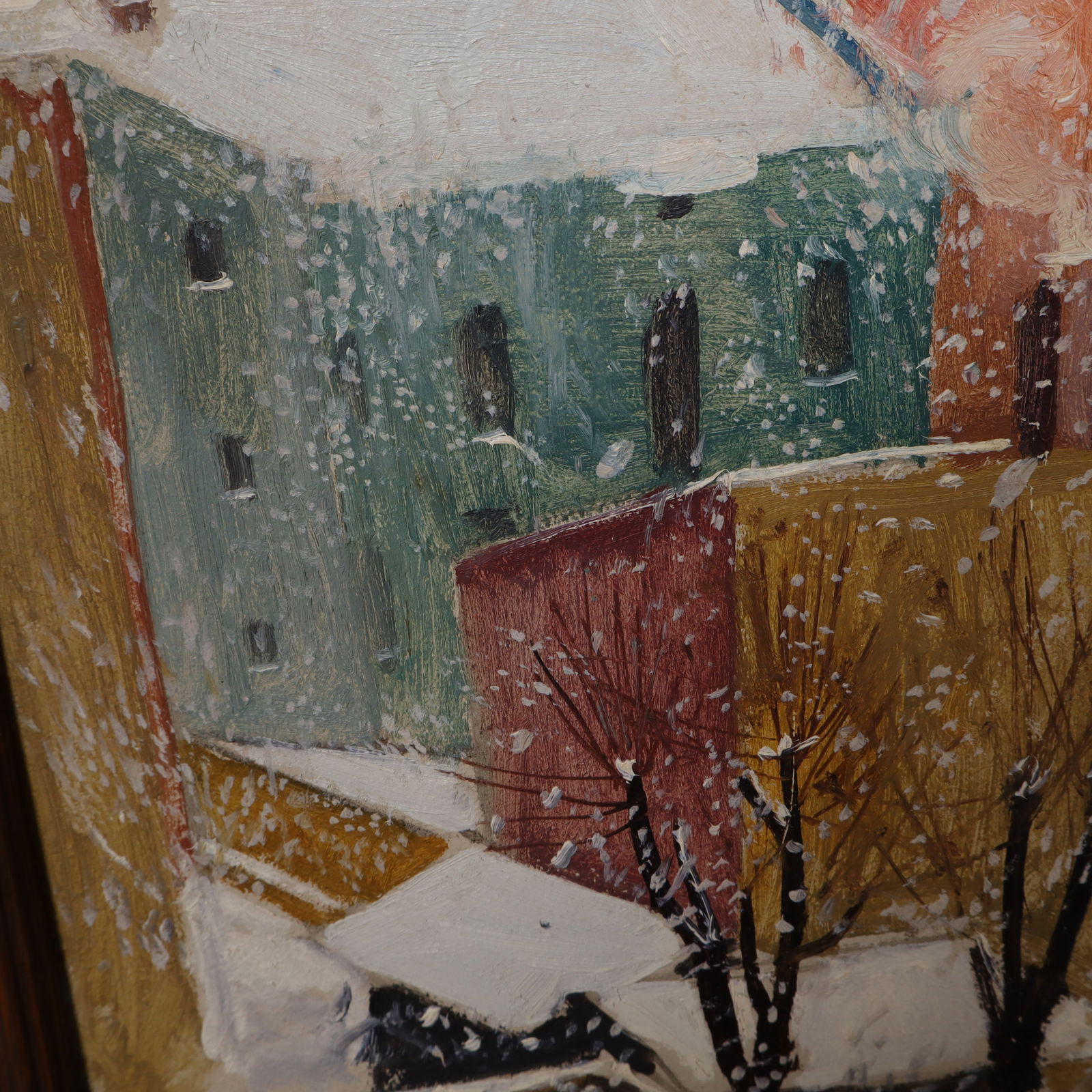 Vintage American Modernist Signed Winter Snowy Cityscape Framed Oil Painting - 4