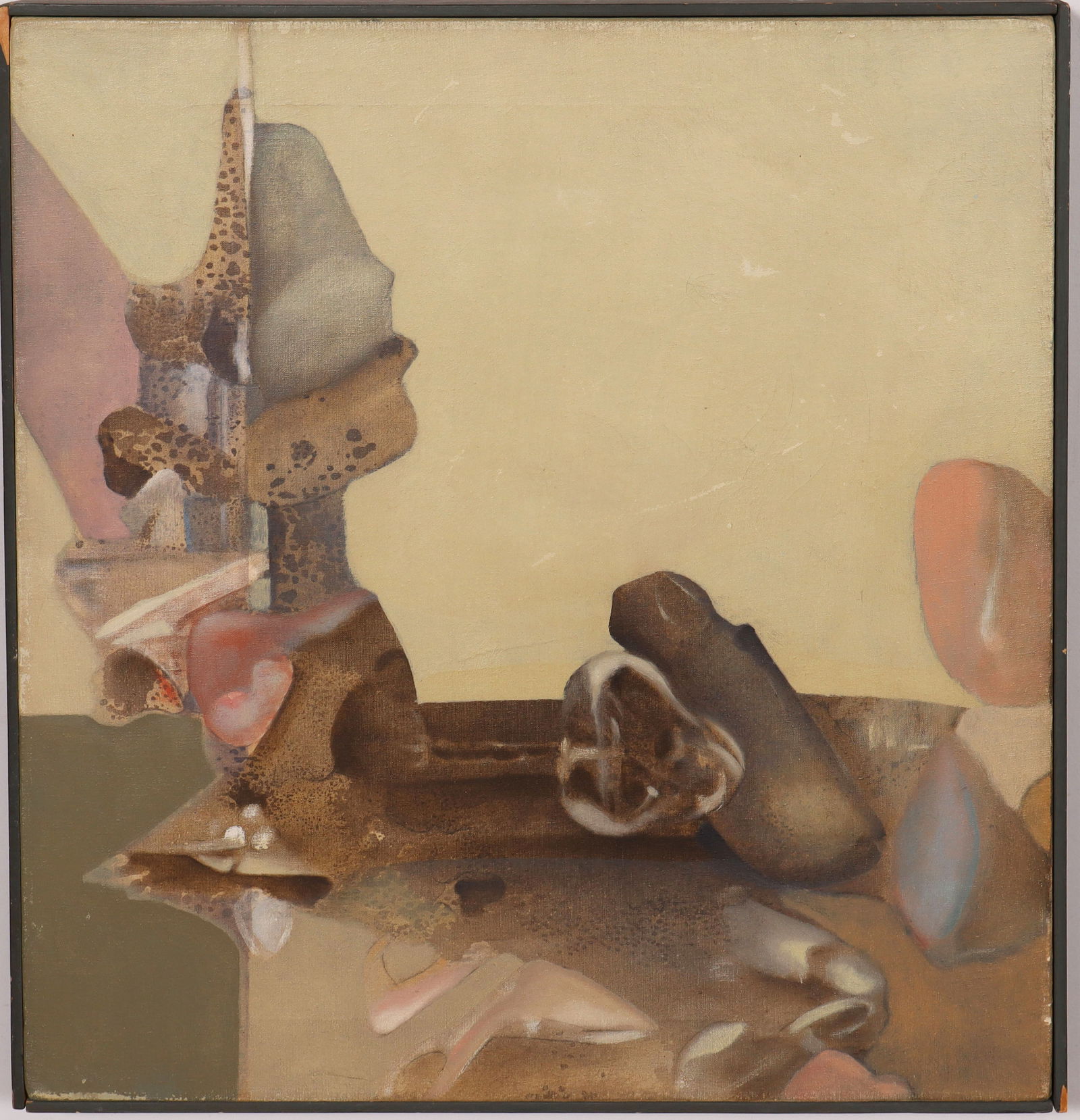 Vintage American Surreal Abstract Modernist Framed Original Oil Painting: Vintage American surreal abstract oil painting. Oil on canvas. Framed. Measuring: 19 by 21 inches overall, and 18 by 20 painting alone. Please see all images for condition. Size is measured and