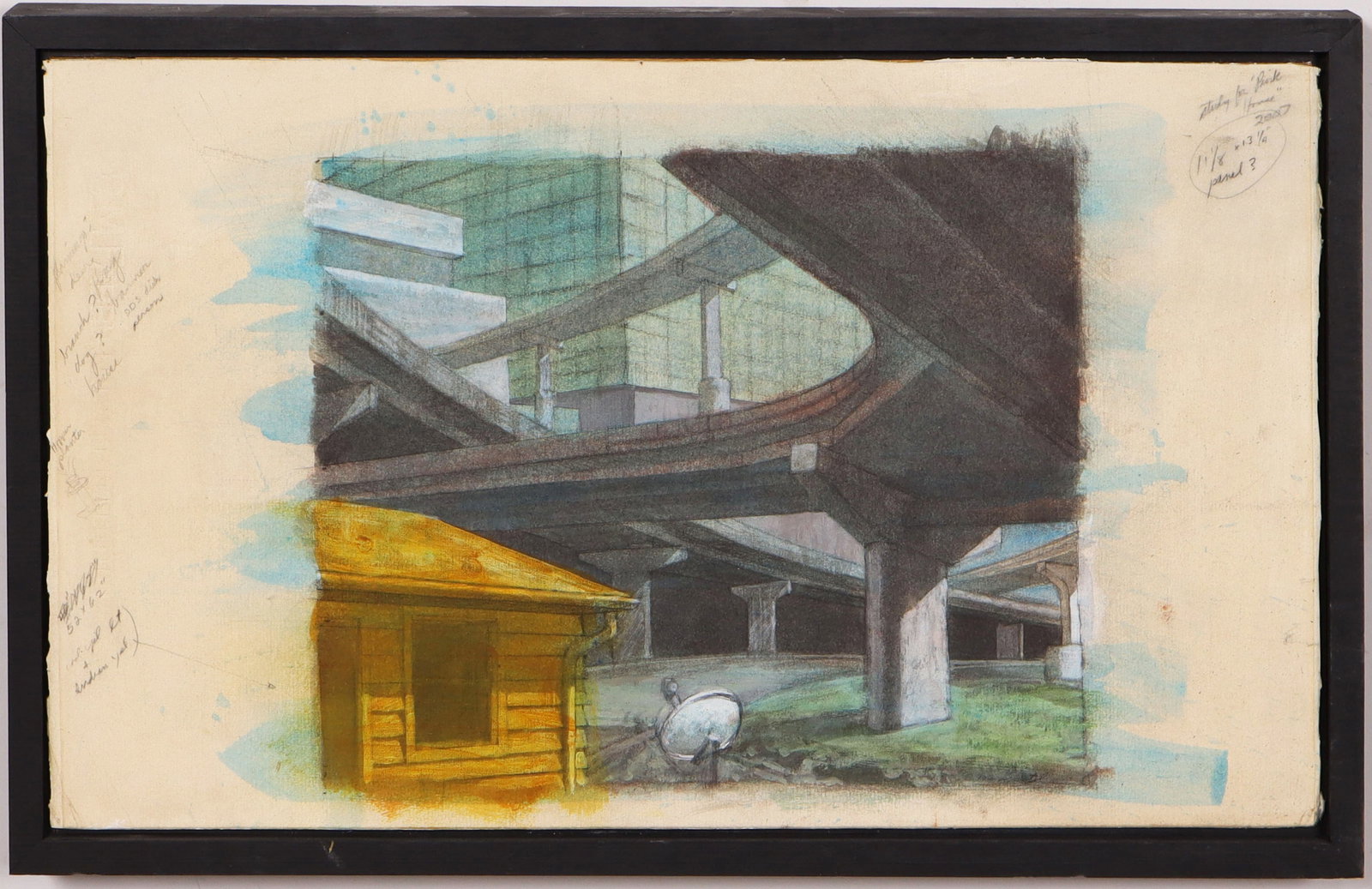 Vintage American Modernist Architectural Study Signed Framed Mixed Media Painting (1 of 6)