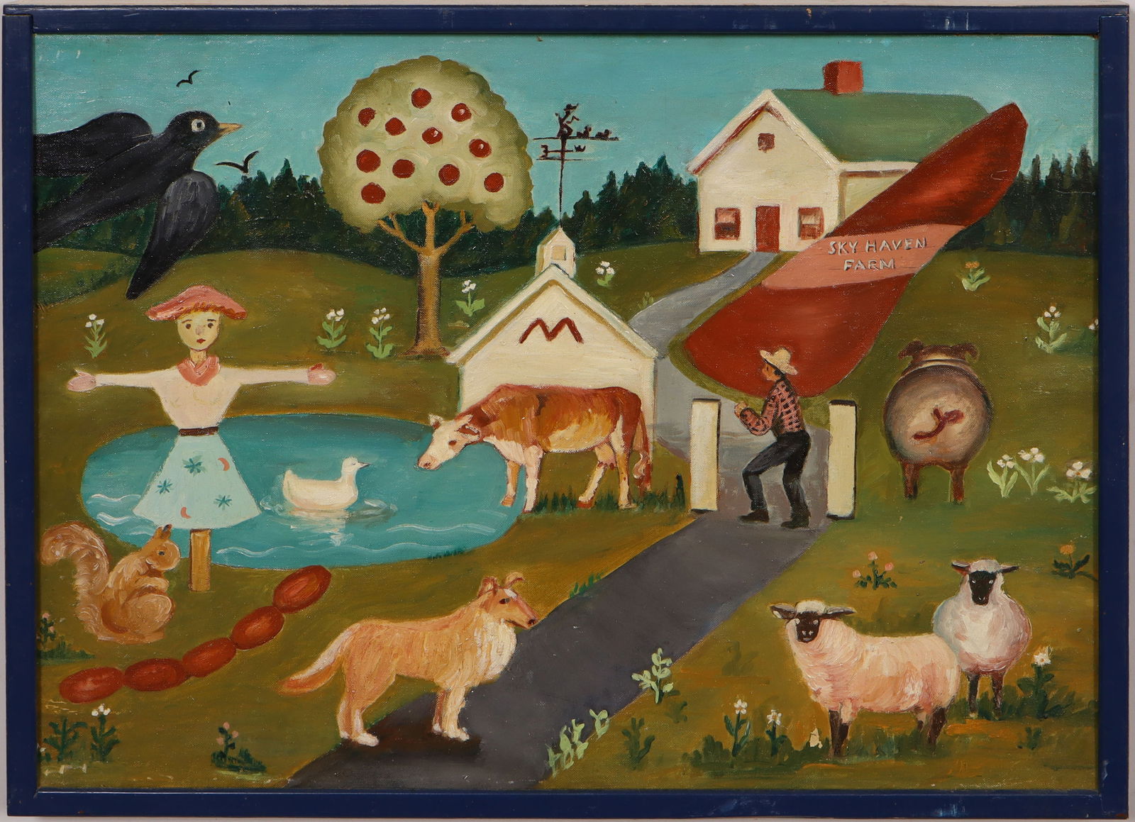 Vintage American Folk Art "Sky Haven Farm" Framed Landscape Oil Painting: Vintage American folk art oil painting. Oil on board. Framed. Measuring: 20 by 25 inches overall, and 18 by 24 painting alone. Please see all images for condition. Size is measured and written on the