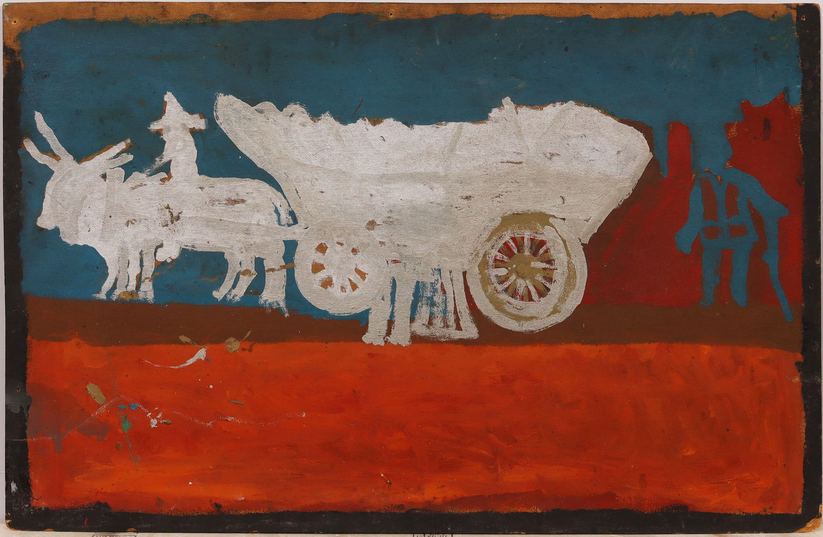 Large Vintage American Folk Art Farm Landscape Oil Painting: Vintage American folk art farm landscape oil painting. Oil on board. Measuring: 24 by 38 inches overall. Please see all images for condition. Size is measured and written on the back of the painting o