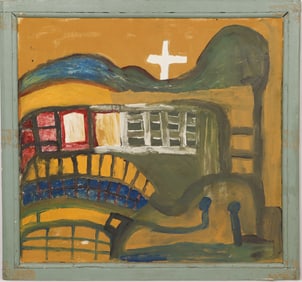 Vintage American Large Folk Art Landscape Framed Orignal Oil Painting