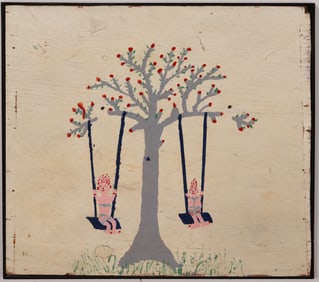 Vintage American Southern School Folk Art Tree Swing Landscape Genre Scene  Oil Painting