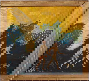 Vintage Large Framed Folk Art Signed Framed Adam and Eve Symbolist Oil Painting