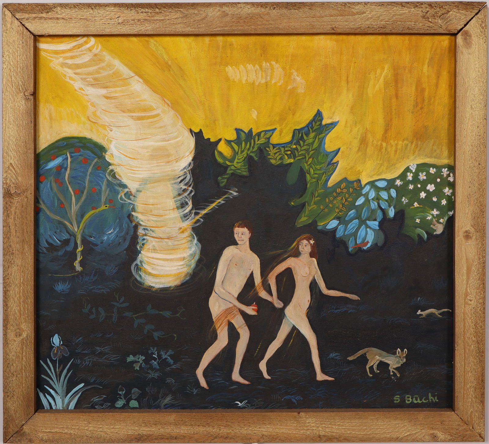 Vintage Large Framed Folk Art Signed Framed Adam and Eve Symbolist Oil Painting: Vintage American oil painting. Measuring: 20.5 by 27.5 inches overall. Please see all images for condition. Size is measured and written on the back of the painting or next to each object. The first s