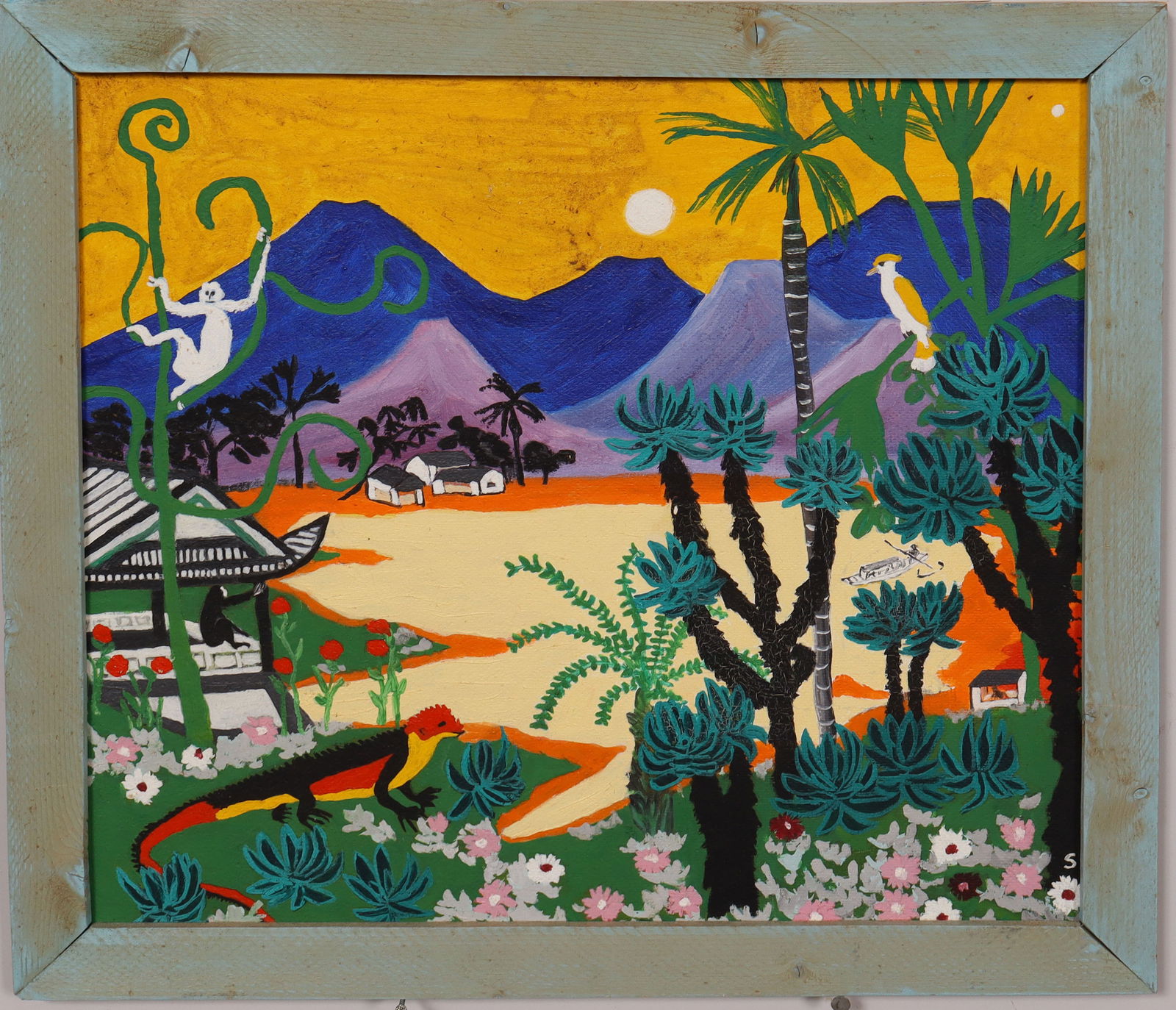 Vintage Signed Tropical Landscape Framed Folk Art Sunset Oil Painting (1 of 7)