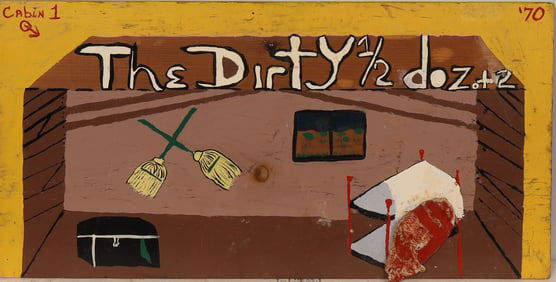 Vintage American Folk Art Modernist Interior Scene "The Dirty 1/2 Dozen" Cabin View  Oil Painting