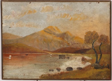 Antique American Folk Art Hudson River School Sunset Landscape Oil Painting