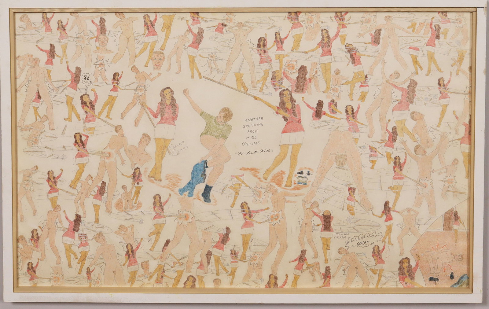 "Another Spanking from Ms Collins" Vintage Erotic Outsider Nude Folk Art Portrait Painting: Vintage American folk art painting. Measuring: 25 by 37 inches overall. Please see all images for condition. Size is measured and written on the back of the painting or next to each object. The first