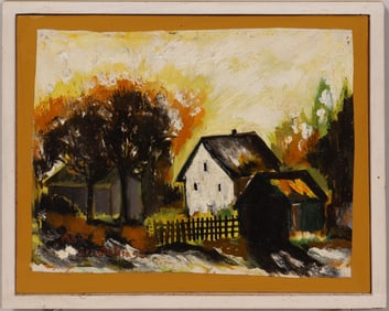 Vintage American Modernist Folk Art Sunset Street Scene Signed Oil Painting
