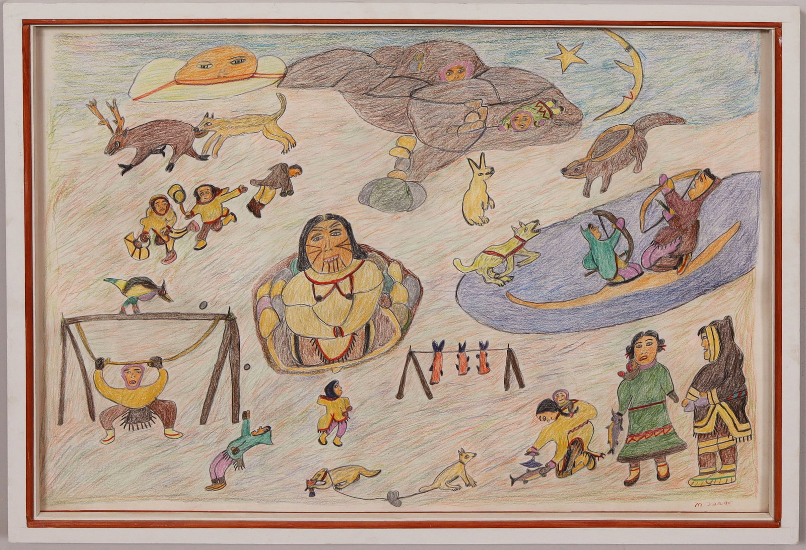 Large Vintage American Inuit Native Camp Daily Life Folk Art Framed Painting (1 of 6)