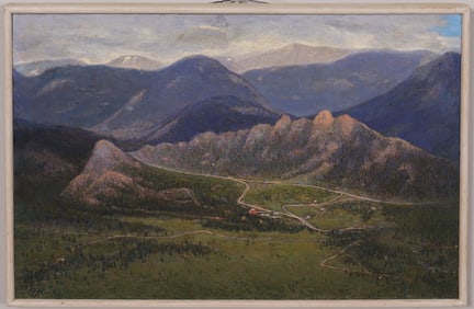 Rocky Mountains 1973 Vintage American Folk Art Landscape Signed Oil Painting