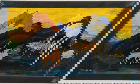 Vintage American Folk Art Modernist Animal Landscape Oil Painting