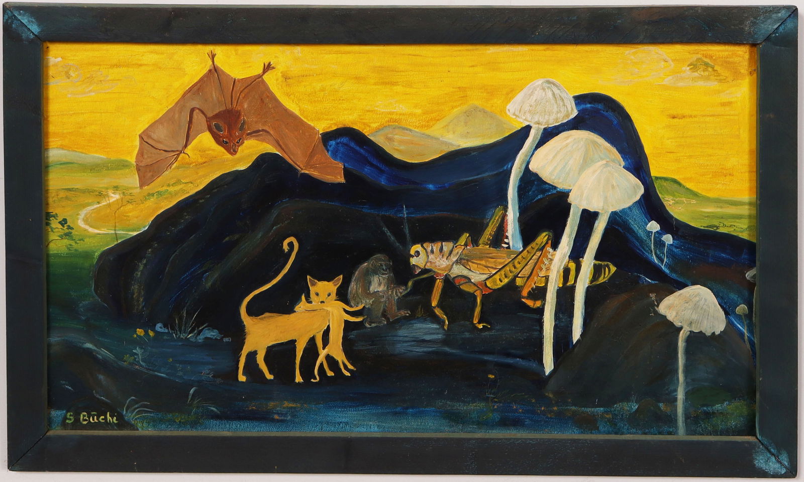 Vintage American Folk Art Modernist Animal Landscape Oil Painting: Vintage American animal oil painting. Measuring: 32 by 19 inches overall. Please see all images for condition. Size is measured and written on the back of the painting or next to each object. The firs