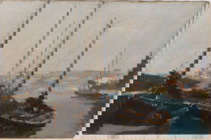 Important Antique American Impressionist Harbor View Seascape Dock Scene Oil Painting