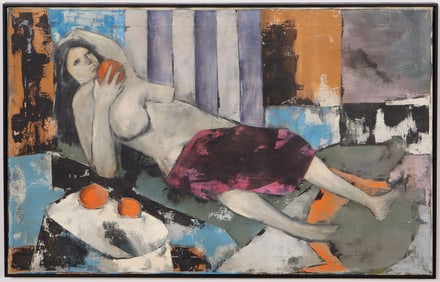 Vintage American Modernist Finely Executed Reclining Nude Woman Interior Scene Oil Painting