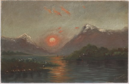 Antique  American Impressionist Signed Sunset Mountain Lake Landscape Oil Painting