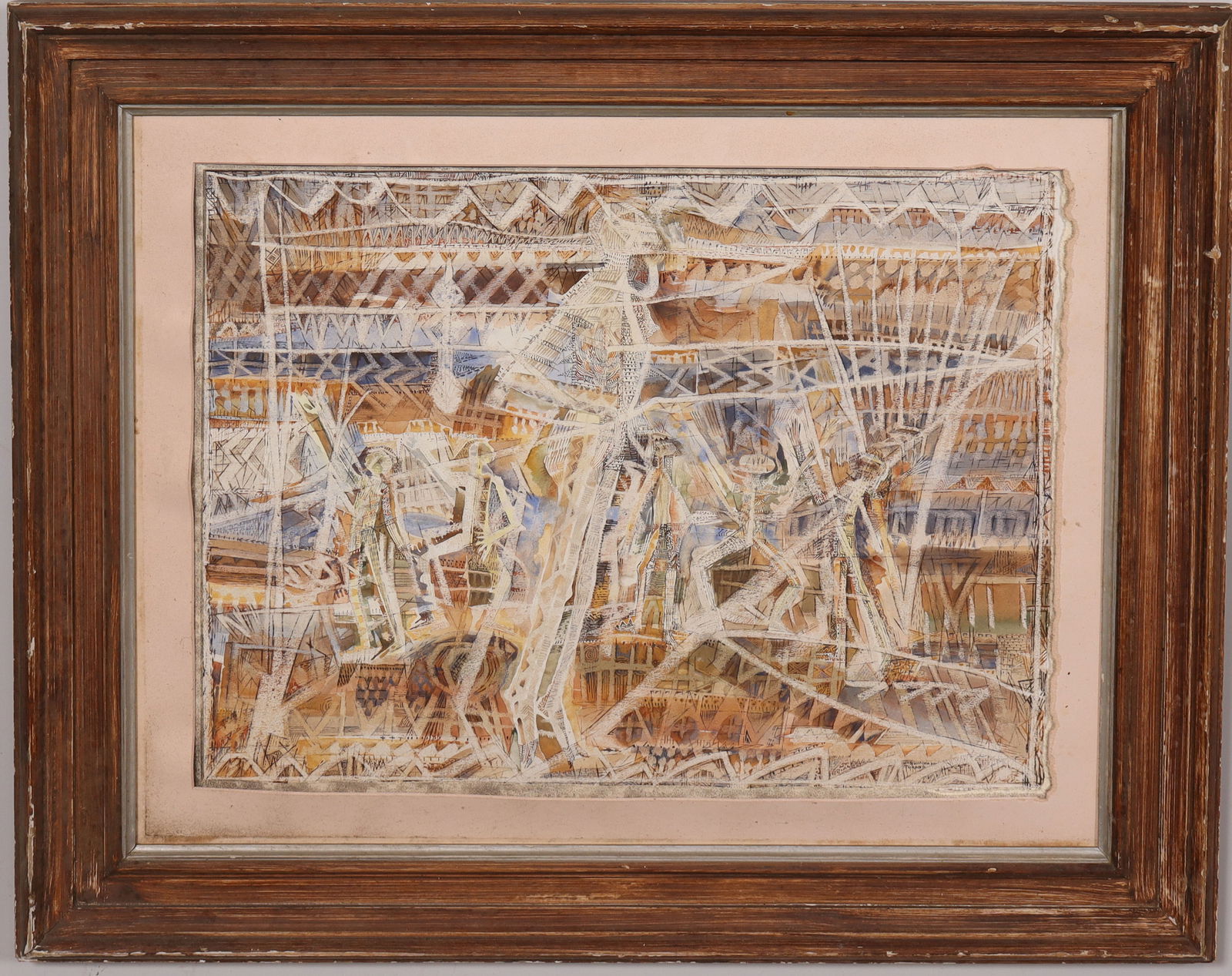 Vintage American Modernist Abstract Framed Painting: Vintage American modernist painting. Mixed media on paper. Framed. Measuring: 31 by 36.5 inches overall, and 24.5 by 30 painting alone. Please see all images for condition. Size is measured and writte