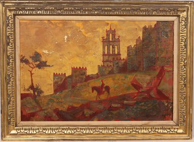 Large Vintage American Modernist European Cityscape Framed Signed Sunset Oil Painting