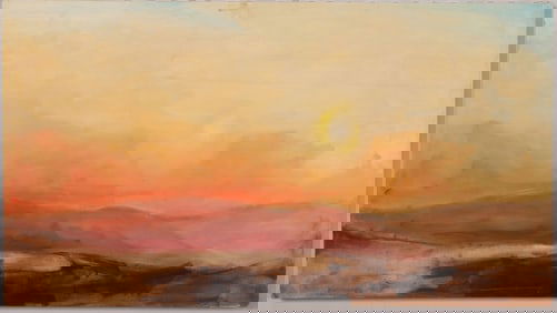 Vintage American Modernist Sunset Landscape Original Luminous Large Oil Painting