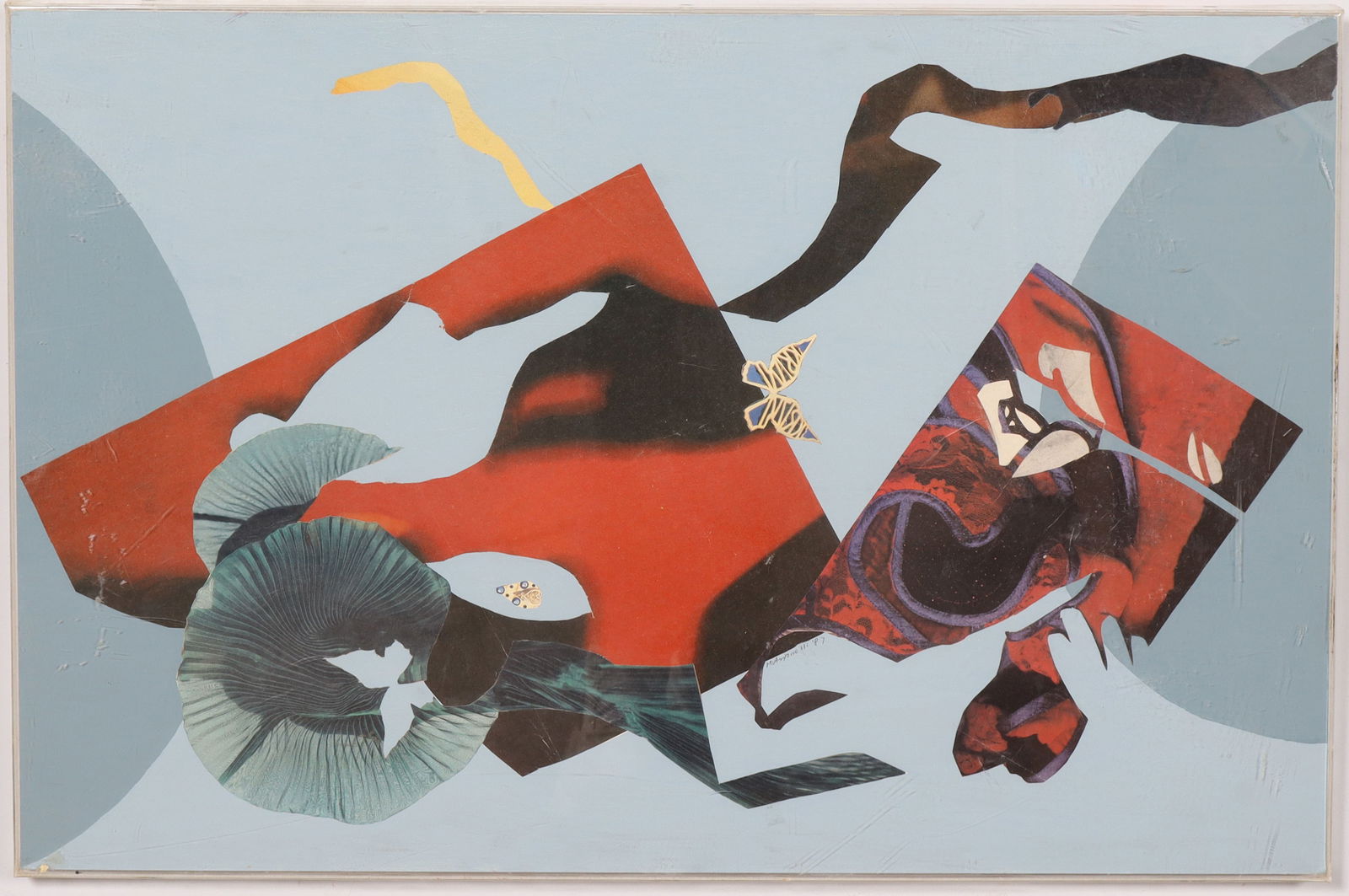 Vintage American Modernist Mixed Media Signed Abstract Expressionist Collage: Vintage American collage. Measuring: 20 by 30 inches overall. Please see all images for condition. Size is measured and written on the back of the painting or next to each object. The first size is th