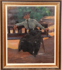 Large Signed Antique European Impressionist Park Bench Portrait Framed Original Oil Painting