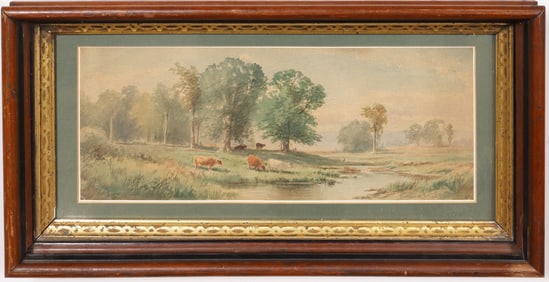 Junius Ralston Sloan (1827 - 1900) Signed Hudson River School Antique American Cow Grazing Landscape