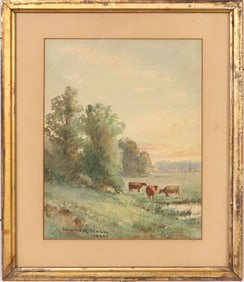 Junius Ralston Sloan (1827 - 1900) Signed Hudson River School Antique American Cow Grazing Landscape