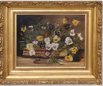 Antique American 19th Century Flower Still Life Framed Pansy Basket Oil Painting