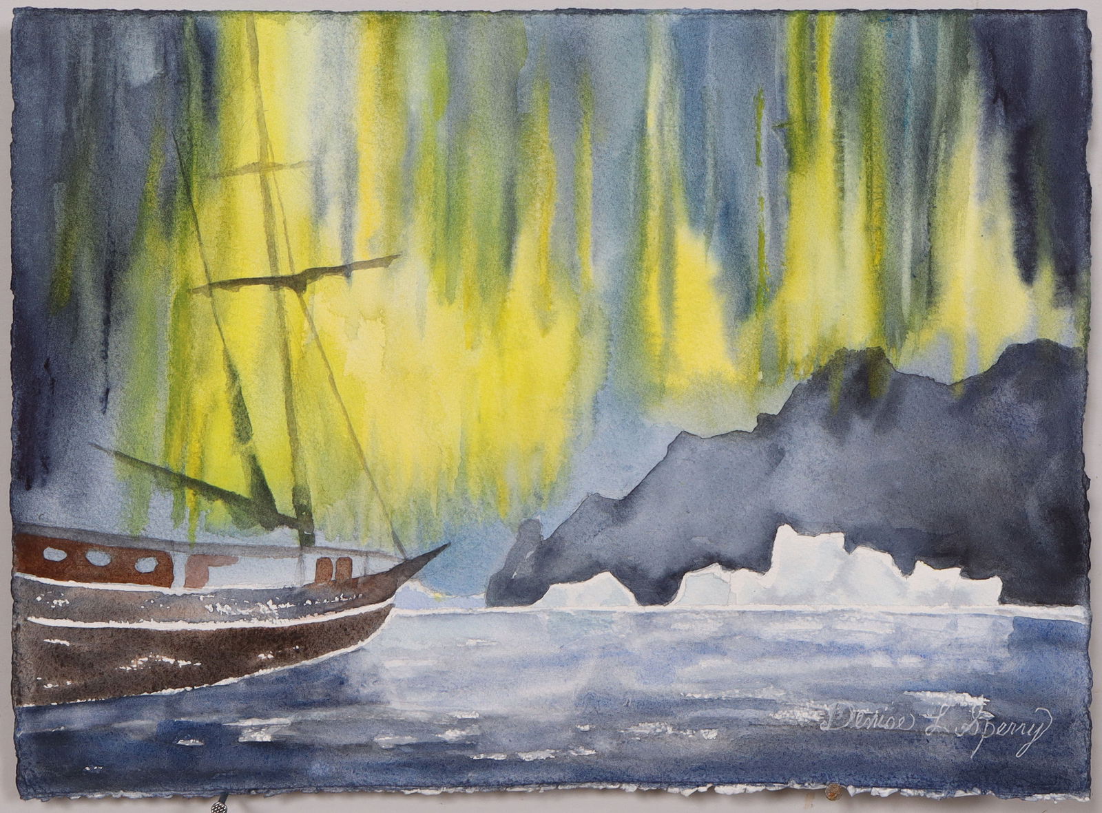 Stunning watercolor by premier Buffalo artist!: Atmospheric watercolor by Buffalo-based artist Denise Sperry depicting a solitary sailboat beneath shimmering northern lights. Fluid washes of green and blue evoke motion, light, and quiet drama again