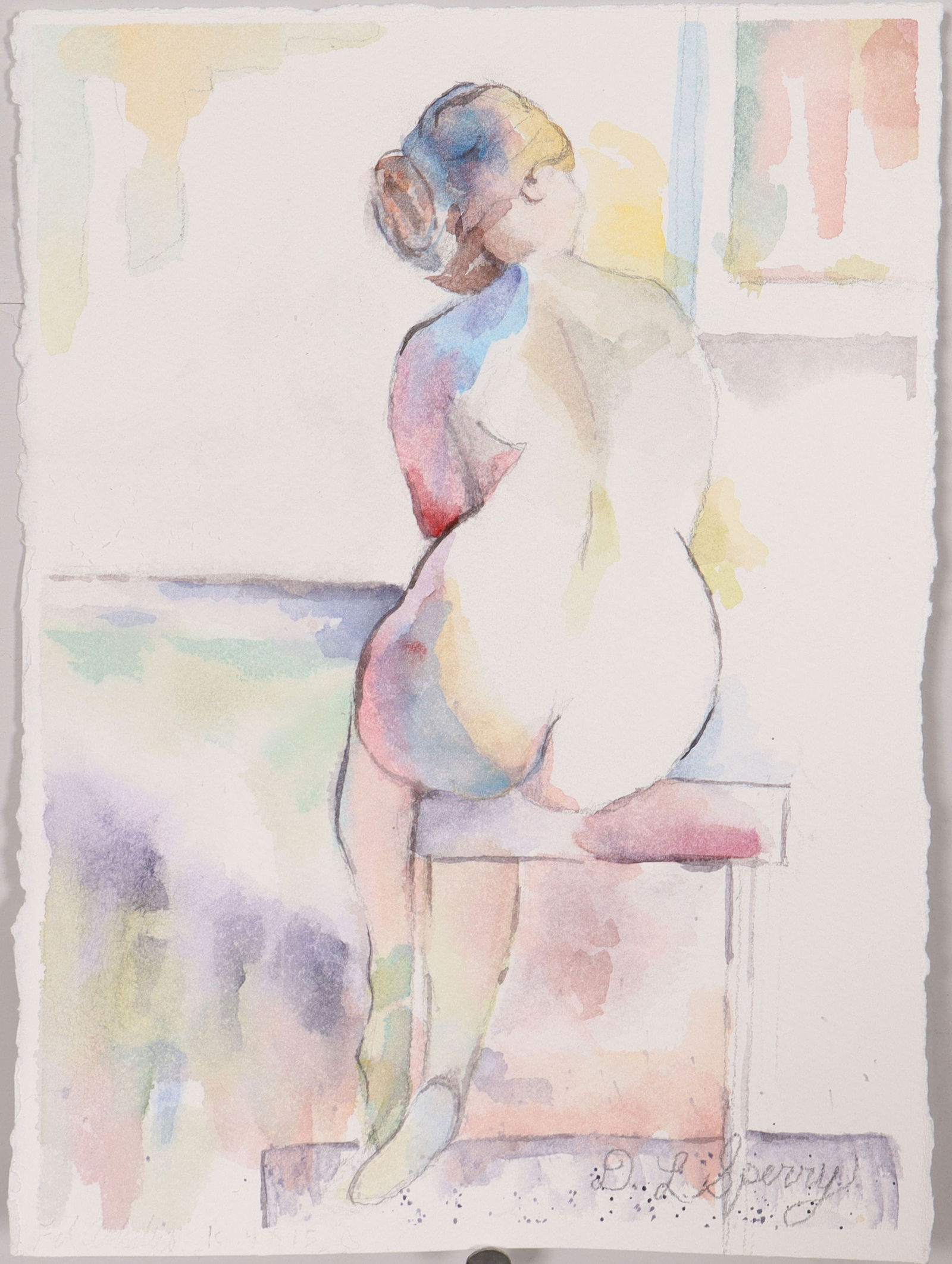 Luminal Form: A Seated Nude Study: This original transparent watercolor by acclaimed artist Denise Sperry is a striking study of the human form, emphasizing the interaction between light and the figure. Utilizing her signature "flicker