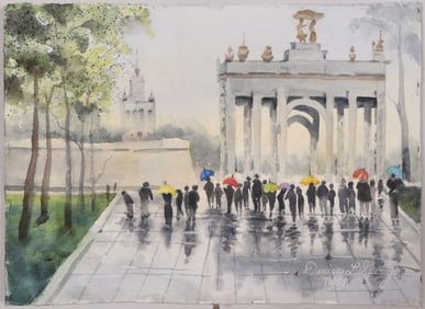 Umbrellas in the Plaza Original Watercolor - signed Denise Sperry